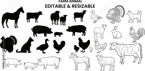 Farm animal silhouettes and detailed line art vector collection