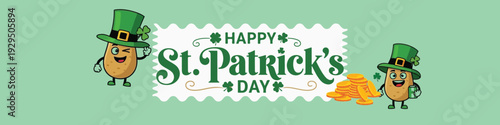 Happy saint patricks day horizontal banner with cute potato characters