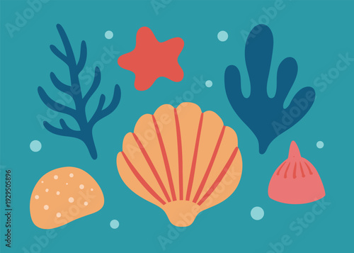 Whimsical collection of hand drawn sea shells, coral, and a starfish with scattered bubbles on a dark teal background.