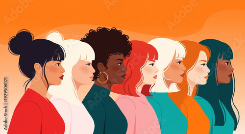 Empowered Women: Diverse Group Standing Together in Unity - Female Empowerment & Global Sisterhood Illustration