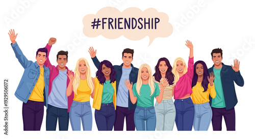 Diverse Group of Happy Young Friends Waving with #FRIENDSHIP Speech Bubble