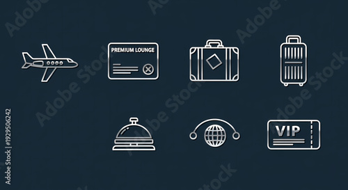 A collection of premium travel and hospitality icons including an airplane, lounge pass, suitcases, bell, globe, and VIP ticket