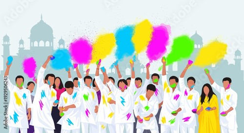 Joyful Holi Festival Celebration: Vector Art of People Throwing Colorful Powder Against Indian Architecture