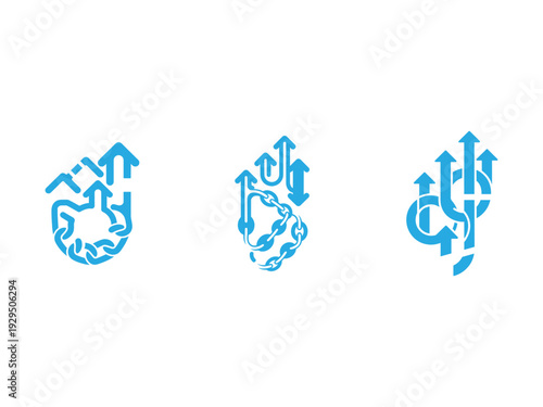 Abstract blue icons depicting hands releasing chains into upward flowing arrows