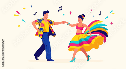 Vibrant Couple Dancing Samba at a Festive Tropical Carnival with Joyful Music and Energy Illustration