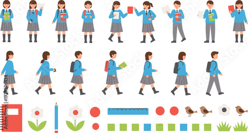 School Children Characters Set with Walking Students and Supplies, Cute Kids Back to School Vector Illustration Collection