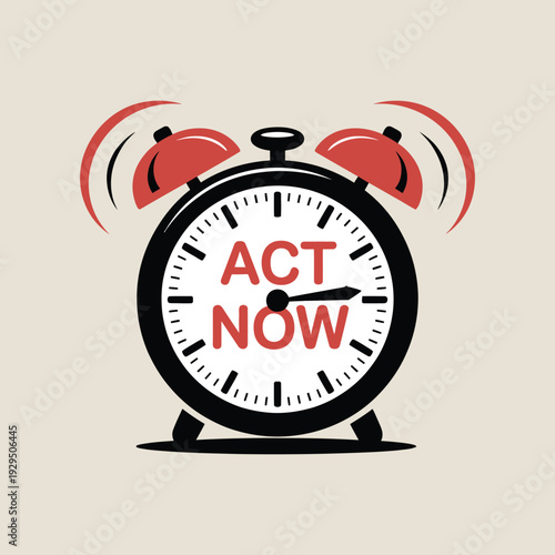 Alarm clock retro style with red ringing bells and act now text on face symbolizing urgency and immediate action concept illustration
