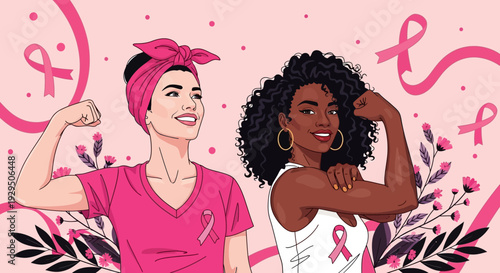 Breast Cancer Awareness: Empowered Diverse Women Flexing, United by Pink Ribbons, Symbolizing Strength & Support