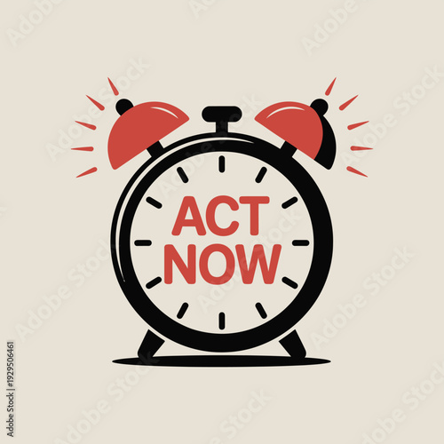 Alarm clock retro style with red ringing bells and act now text on face symbolizing urgency and immediate action concept illustration