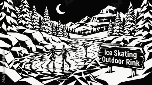 outdoor ice skating rink surrounded by snow black and white representing winter recreation and seasonal activity
