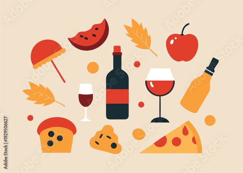 An appealing selection of wine tasting items including a bottle, wine glasses, watermelon, an apple, and a pizza slice.