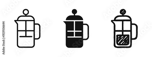 French Press Coffee Maker Icon Set - Outline, Solid, and Hand-drawn Styles for Coffee and Cafe Themes