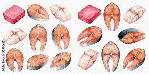 Watercolor illustration set of fresh raw salmon and tuna fish steaks and fillets, ready for cooking.