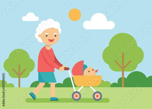 A cheerful elderly woman with white hair pushing a baby in a stroller through a lush green park.