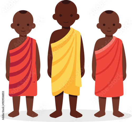 Cartoon illustration of three young boys dressed in traditional buddhist robes
