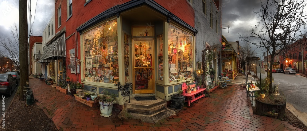Fototapeta premium Corner shop with large lit windows filled with goods, red brick building, sidewalk, and other buildings along a cloudy street