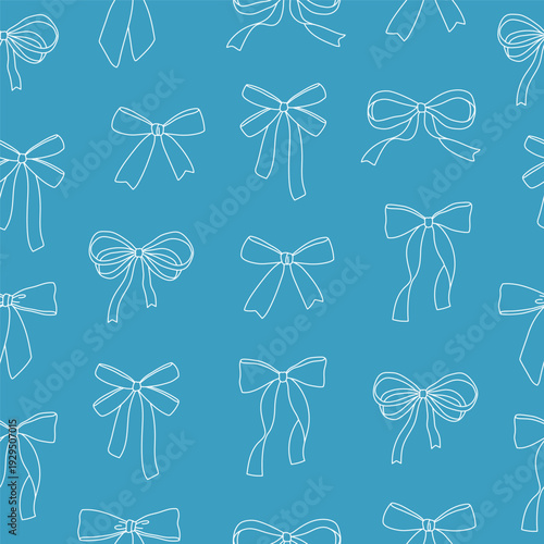 Seamless pattern of hand drawn outline white bows on blue background. Template for greeting card, invitation, poster, banner, wrapping paper.