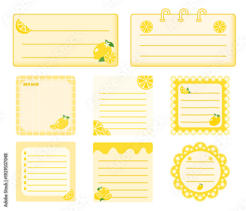 Yellow paper memo collection. Blank sticky note with lemon. Vector illustration.