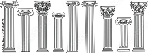 Classical columns set, ancient Greek and Roman architecture pillars isolated on white background for historical design, building decoration, heritage, antique structure illustration