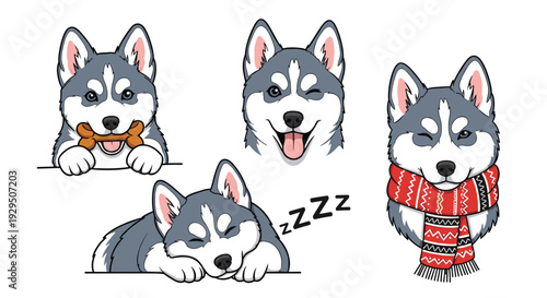 Set of four different husky puppy characters in various poses including sleeping winking playing with a bone and wearing a red scarf.