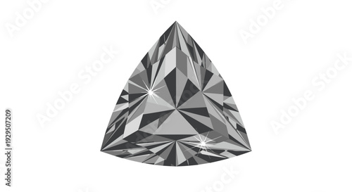 Sparkling grey scale illustration of a trillion cut diamond with many facets reflecting light and shining on a plain white background.