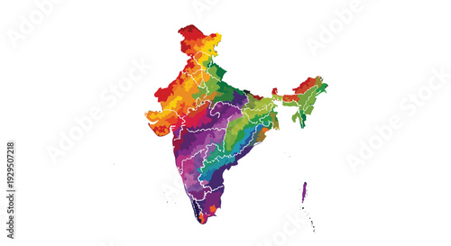 Vibrant and colorful map of india with its states defined by bright colors in a mosaic style on a white background for data visualization.