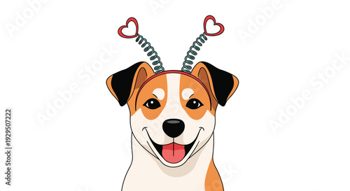 Happy white and brown puppy wearing a red headband with two springy hearts and smiling wide in a cute and romantic cartoon illustration.