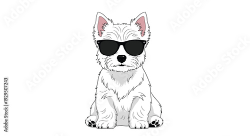 West highland white terrier dog looks cool wearing stylish black sunglasses in this simple illustration of a westie on a plain white backdrop.