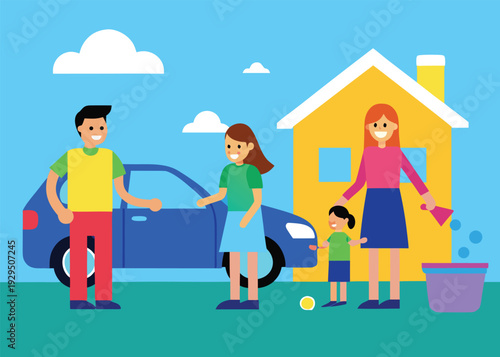 A happy family of father, mother, and two daughters washing a car and playing outdoors near their house.