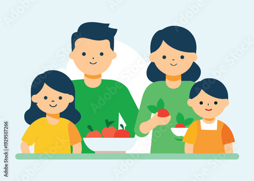 A happy family of a father, mother, and two young daughters preparing a healthy meal with fresh fruit.