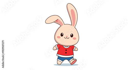 Cute cartoon rabbit wearing a bright red shirt and blue shorts walks cheerfully across a white background in this charming vector character design.