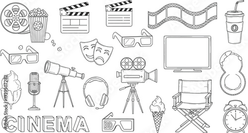 Cinema and Movie Production Line Icons Set with Camera Popcorn Director Chair and Film Equipment Vector Collection