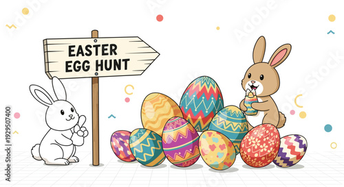 Easter egg hunt scene features two cute bunnies gathered around a large pile of colorful patterned eggs next to a wooden directional signpost.