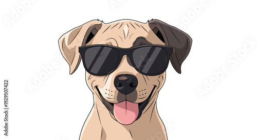 Cool dog portrait features a smiling canine wearing dark black sunglasses with a friendly expression against a clean and simple white backdrop.