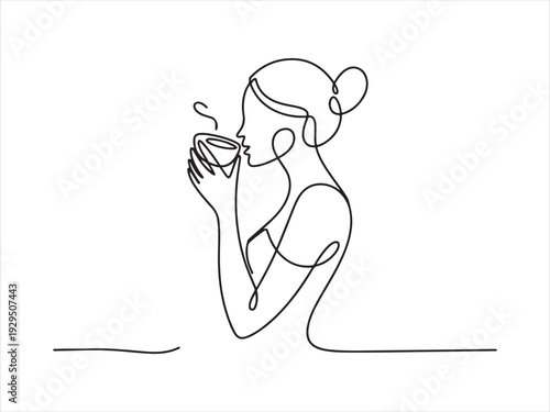 minimalist female one line continuous drawing of a woman drinking from a cup, minimal lifestyle vector illustration