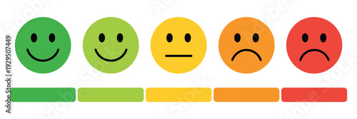 Rating emojis set with colorful emoticons and rating scale showing very happy happy neutral sad and very sad feedback vector illustration
