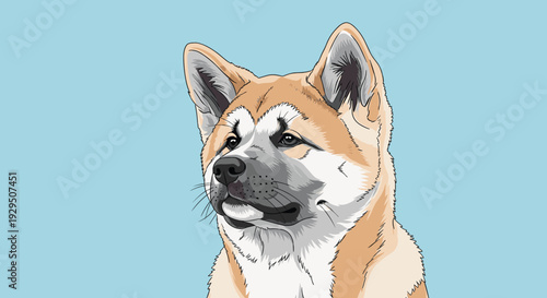 Detailed portrait of an akita dog captures the characteristic features of the breed with a calm expression against a solid light blue background.