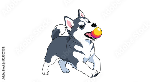 Playful siberian husky puppy runs with a colorful yellow and red ball in its mouth in this energetic and adorable animal illustration.