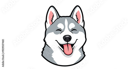 Smiling face of a siberian husky dog shows a happy expression with its tongue sticking out in this clean and simple cartoon canine portrait.