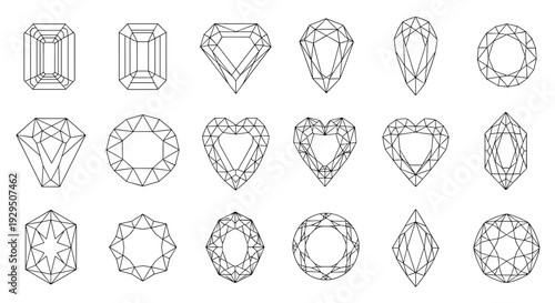 Grid of various gemstone outlines demonstrates different jewelry cuts including heart round pear and emerald shapes in a clean line art style.