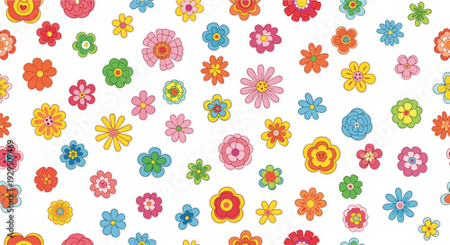 Vibrant seamless floral pattern displays a variety of simple cartoon flowers in many bright colors across a clean and white background design.