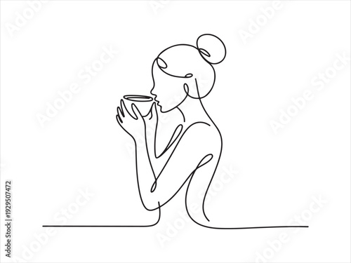 minimalist female one line continuous drawing of a woman drinking from a cup, minimal lifestyle vector illustration