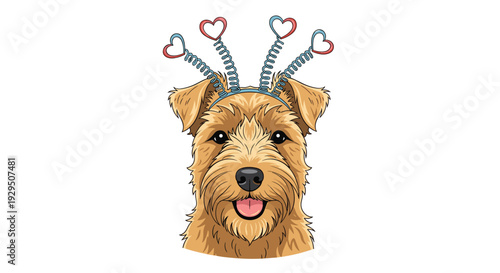 Cute terrier dog looks up while wearing a playful headband with four red hearts on springs for a charming valentines day animal illustration.