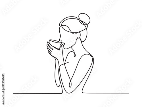 Minimalist female one line continuous drawing of a woman drinking from a cup, minimal lifestyle vector illustration
