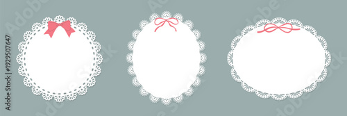 Set of white lace doilies with bows. Paper cutout design. Vintage oval and circle frame collection.