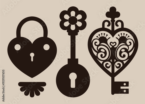 A historical collection of ornate vintage silhouettes featuring a heart-shaped padlock and two decorative old-fashioned keys.