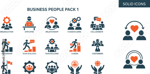 Two-tone solid business people icons for organization relationship stakeholders leadership and career development presentation concepts