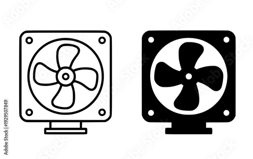 Industrial fan illustration icon, black and white in outline and silhouette design style