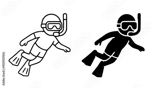Vector illustration of a person snorkeling in outline and silhouette design