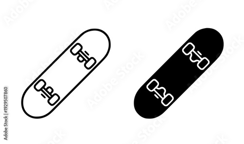 Skateboard illustration icon, black and white in outline and silhouette design style